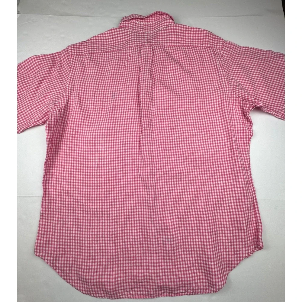 Ralph Lauren Shirt XL Linen Pink Gingham Preppy Short Sleeve Classic Fit Button